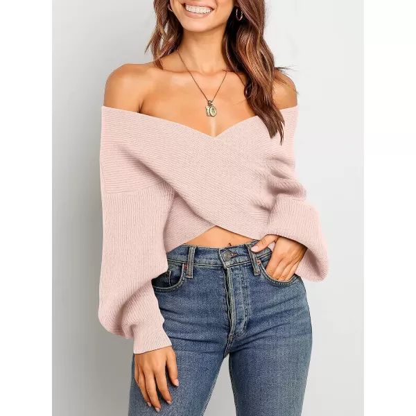 imageANRABESS Womens 2022 Fall Fashion Long Sleeve Off Shoulder Crissover V Neck Knit Cropped Sweater TopPink