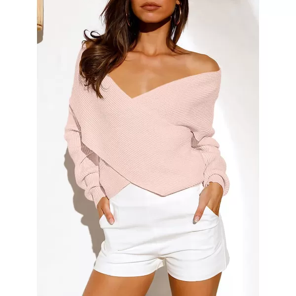imageANRABESS Womens 2022 Fall Fashion Long Sleeve Off Shoulder Crissover V Neck Knit Cropped Sweater TopPink
