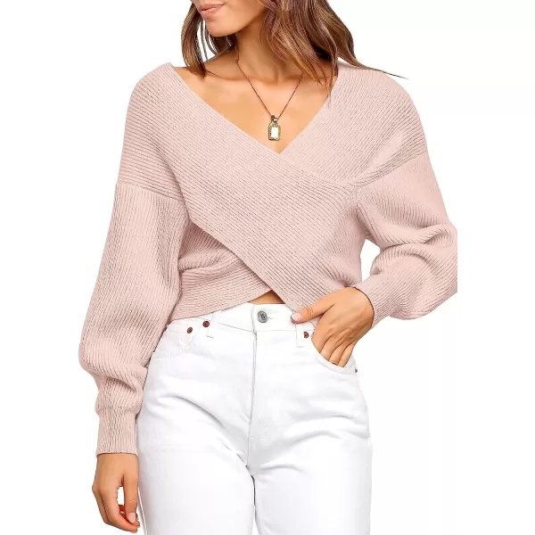 imageANRABESS Womens 2022 Fall Fashion Long Sleeve Off Shoulder Crissover V Neck Knit Cropped Sweater TopPink
