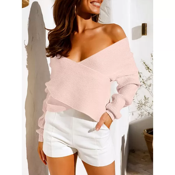 imageANRABESS Womens 2022 Fall Fashion Long Sleeve Off Shoulder Crissover V Neck Knit Cropped Sweater TopPink