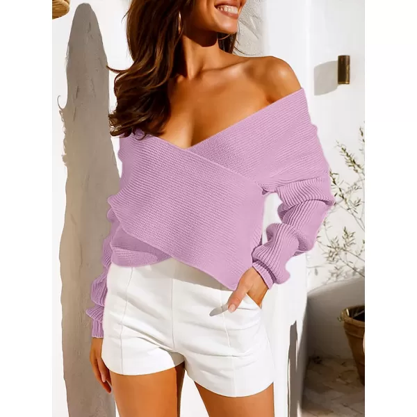 imageANRABESS Womens 2022 Fall Fashion Long Sleeve Off Shoulder Crissover V Neck Knit Cropped Sweater TopPurple