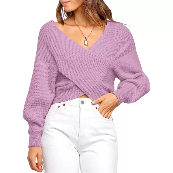 imageANRABESS Womens 2022 Fall Fashion Long Sleeve Off Shoulder Crissover V Neck Knit Cropped Sweater TopPurple