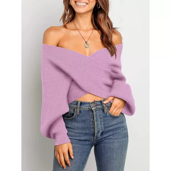imageANRABESS Womens 2022 Fall Fashion Long Sleeve Off Shoulder Crissover V Neck Knit Cropped Sweater TopPurple