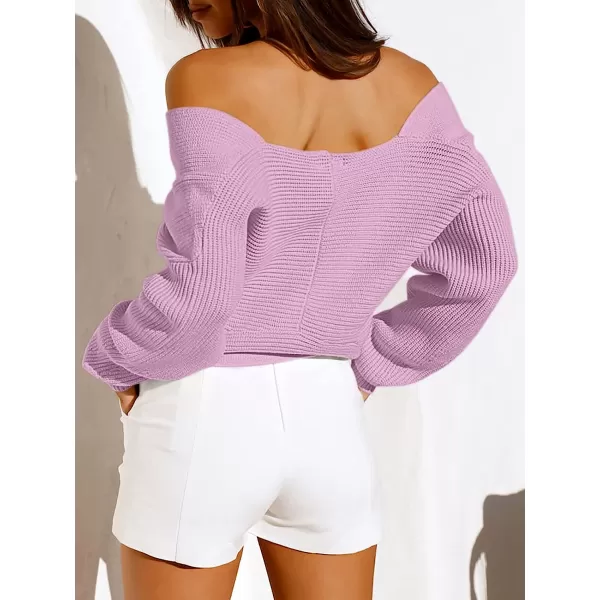 imageANRABESS Womens 2022 Fall Fashion Long Sleeve Off Shoulder Crissover V Neck Knit Cropped Sweater TopPurple