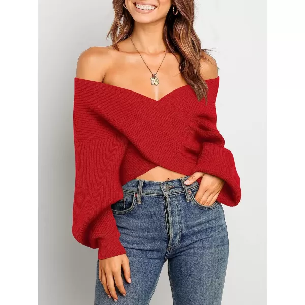 imageANRABESS Womens 2022 Fall Fashion Long Sleeve Off Shoulder Crissover V Neck Knit Cropped Sweater TopRed