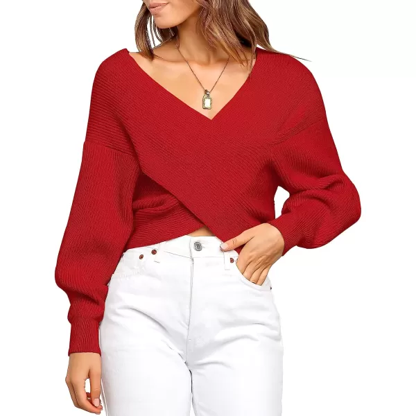 imageANRABESS Womens 2022 Fall Fashion Long Sleeve Off Shoulder Crissover V Neck Knit Cropped Sweater TopRed