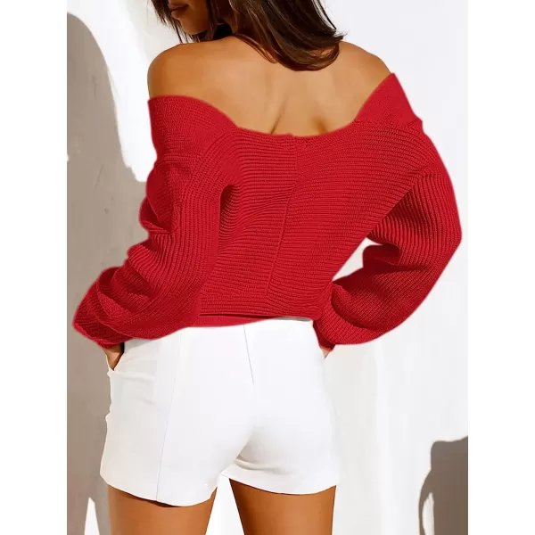 imageANRABESS Womens 2022 Fall Fashion Long Sleeve Off Shoulder Crissover V Neck Knit Cropped Sweater TopRed