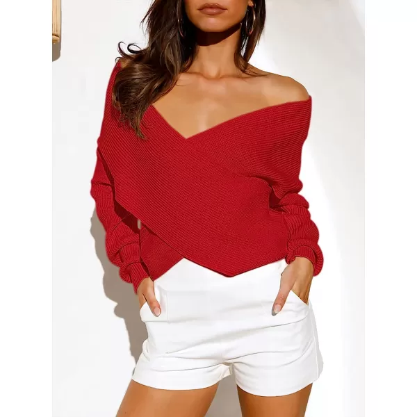 imageANRABESS Womens 2022 Fall Fashion Long Sleeve Off Shoulder Crissover V Neck Knit Cropped Sweater TopRed