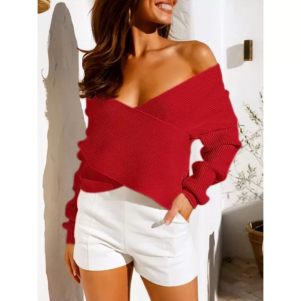 imageANRABESS Womens 2022 Fall Fashion Long Sleeve Off Shoulder Crissover V Neck Knit Cropped Sweater TopRed