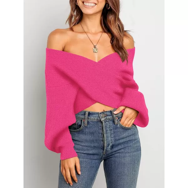 imageANRABESS Womens 2022 Fall Fashion Long Sleeve Off Shoulder Crissover V Neck Knit Cropped Sweater TopRose