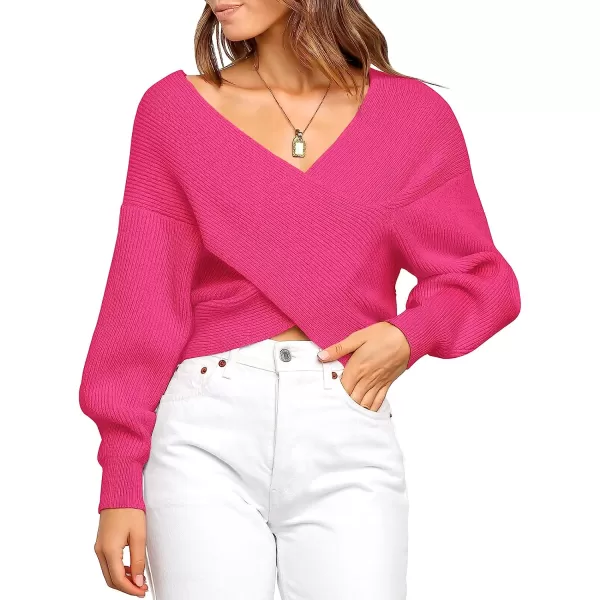 imageANRABESS Womens 2022 Fall Fashion Long Sleeve Off Shoulder Crissover V Neck Knit Cropped Sweater TopRose