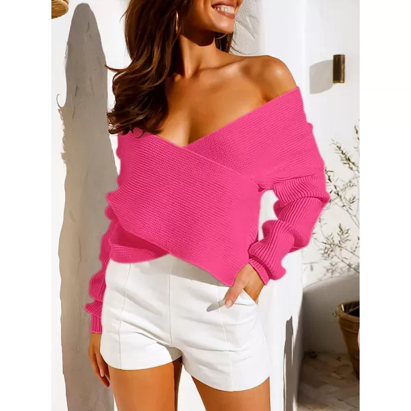 imageANRABESS Womens 2022 Fall Fashion Long Sleeve Off Shoulder Crissover V Neck Knit Cropped Sweater TopRose
