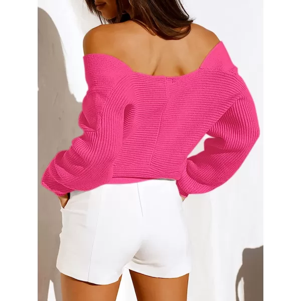 imageANRABESS Womens 2022 Fall Fashion Long Sleeve Off Shoulder Crissover V Neck Knit Cropped Sweater TopRose