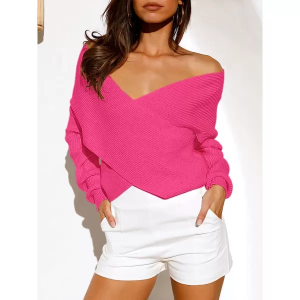 imageANRABESS Womens 2022 Fall Fashion Long Sleeve Off Shoulder Crissover V Neck Knit Cropped Sweater TopRose