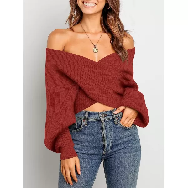 imageANRABESS Womens 2022 Fall Fashion Long Sleeve Off Shoulder Crissover V Neck Knit Cropped Sweater TopRust