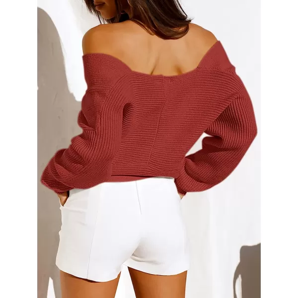imageANRABESS Womens 2022 Fall Fashion Long Sleeve Off Shoulder Crissover V Neck Knit Cropped Sweater TopRust