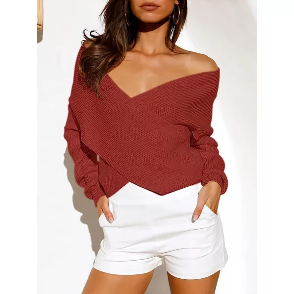 imageANRABESS Womens 2022 Fall Fashion Long Sleeve Off Shoulder Crissover V Neck Knit Cropped Sweater TopRust