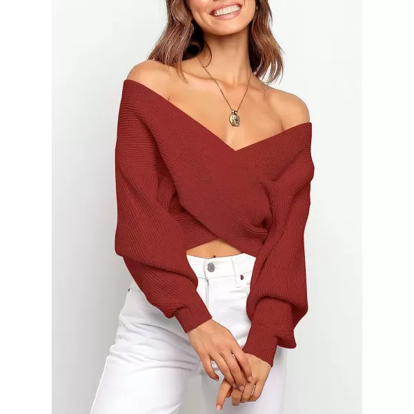 imageANRABESS Womens 2022 Fall Fashion Long Sleeve Off Shoulder Crissover V Neck Knit Cropped Sweater TopRust