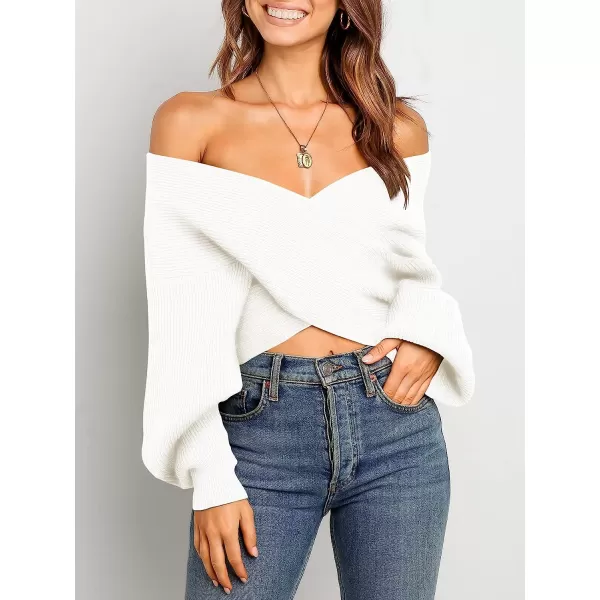 imageANRABESS Womens 2022 Fall Fashion Long Sleeve Off Shoulder Crissover V Neck Knit Cropped Sweater TopWhite