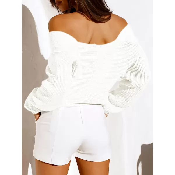imageANRABESS Womens 2022 Fall Fashion Long Sleeve Off Shoulder Crissover V Neck Knit Cropped Sweater TopWhite