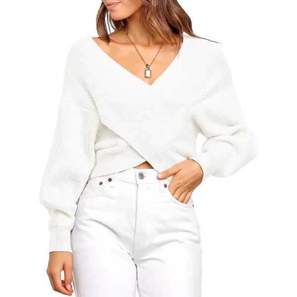 imageANRABESS Womens 2022 Fall Fashion Long Sleeve Off Shoulder Crissover V Neck Knit Cropped Sweater TopWhite