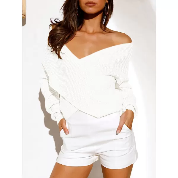 imageANRABESS Womens 2022 Fall Fashion Long Sleeve Off Shoulder Crissover V Neck Knit Cropped Sweater TopWhite