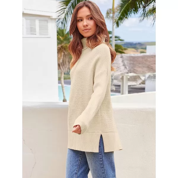 imageANRABESS Womens 2022 Fall Sweaters Turtleneck Long Batwing Sleeve Spilt Hem Pullover Knit Sweater TopsApricot