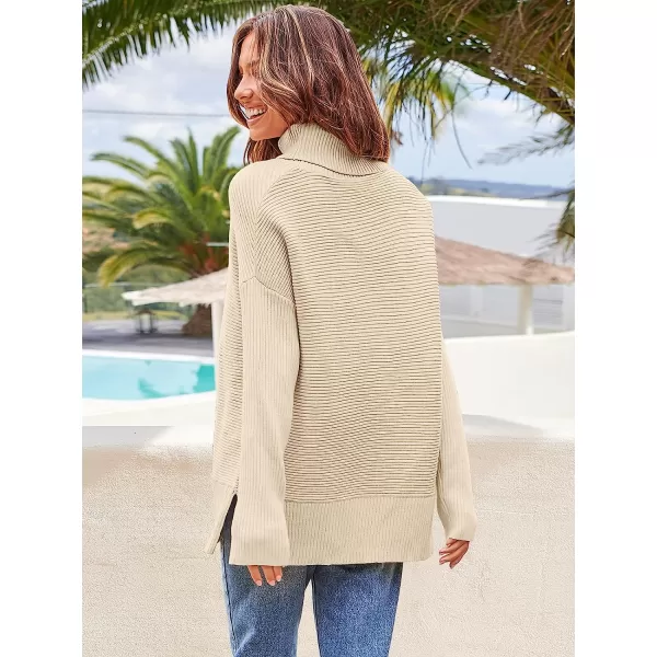 imageANRABESS Womens 2022 Fall Sweaters Turtleneck Long Batwing Sleeve Spilt Hem Pullover Knit Sweater TopsApricot
