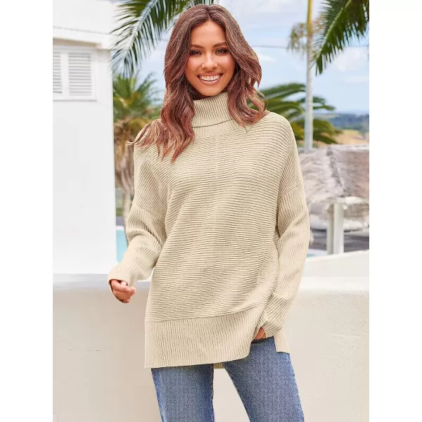 imageANRABESS Womens 2022 Fall Sweaters Turtleneck Long Batwing Sleeve Spilt Hem Pullover Knit Sweater TopsApricot