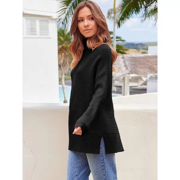 imageANRABESS Womens 2022 Fall Sweaters Turtleneck Long Batwing Sleeve Spilt Hem Pullover Knit Sweater TopsBlack