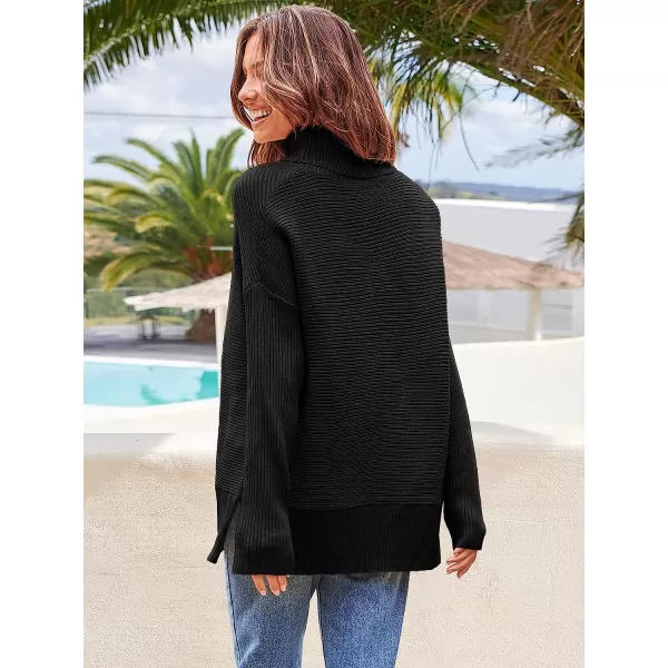 imageANRABESS Womens 2022 Fall Sweaters Turtleneck Long Batwing Sleeve Spilt Hem Pullover Knit Sweater TopsBlack