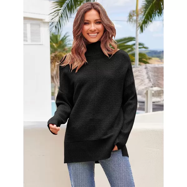 imageANRABESS Womens 2022 Fall Sweaters Turtleneck Long Batwing Sleeve Spilt Hem Pullover Knit Sweater TopsBlack