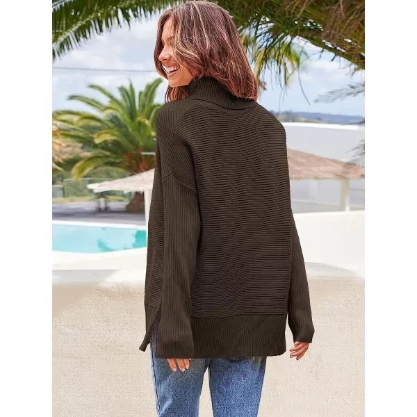 imageANRABESS Womens 2022 Fall Sweaters Turtleneck Long Batwing Sleeve Spilt Hem Pullover Knit Sweater TopsCoffee