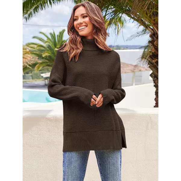 imageANRABESS Womens 2022 Fall Sweaters Turtleneck Long Batwing Sleeve Spilt Hem Pullover Knit Sweater TopsCoffee