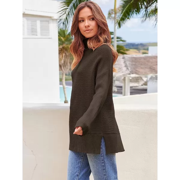 imageANRABESS Womens 2022 Fall Sweaters Turtleneck Long Batwing Sleeve Spilt Hem Pullover Knit Sweater TopsCoffee
