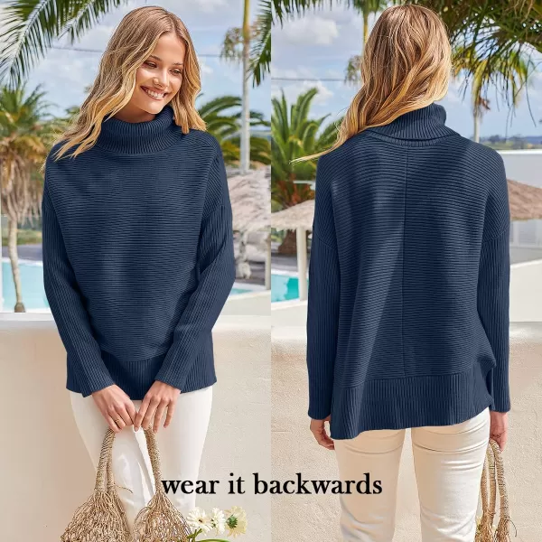 imageANRABESS Womens 2022 Fall Sweaters Turtleneck Long Batwing Sleeve Spilt Hem Pullover Knit Sweater TopsDark Blue