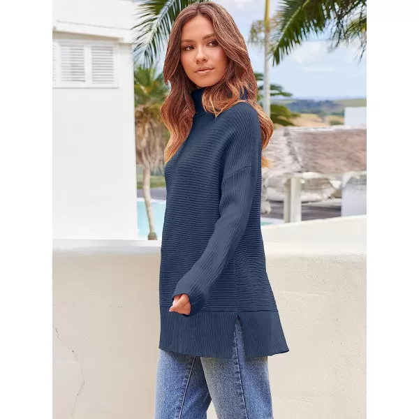 imageANRABESS Womens 2022 Fall Sweaters Turtleneck Long Batwing Sleeve Spilt Hem Pullover Knit Sweater TopsDark Blue
