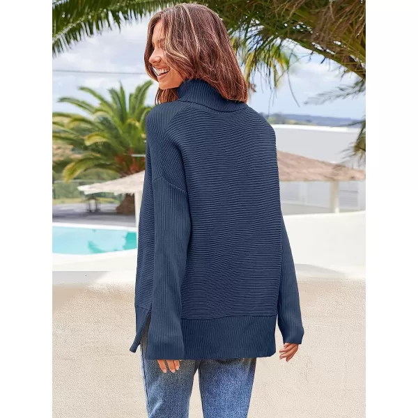 imageANRABESS Womens 2022 Fall Sweaters Turtleneck Long Batwing Sleeve Spilt Hem Pullover Knit Sweater TopsDark Blue
