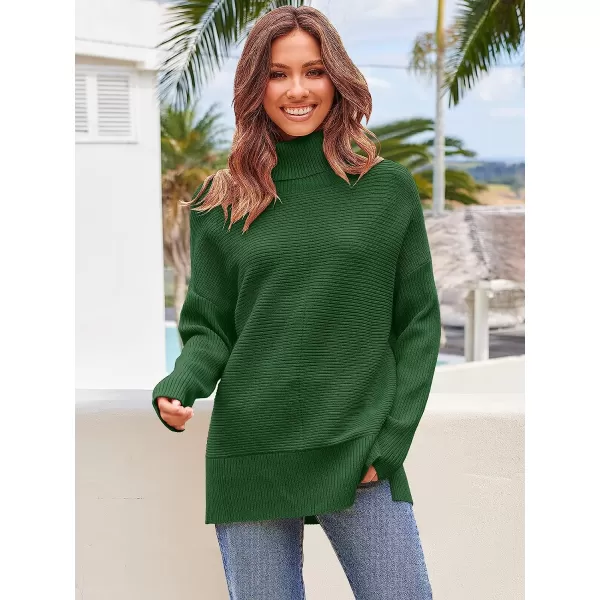 imageANRABESS Womens 2022 Fall Sweaters Turtleneck Long Batwing Sleeve Spilt Hem Pullover Knit Sweater TopsDark Green