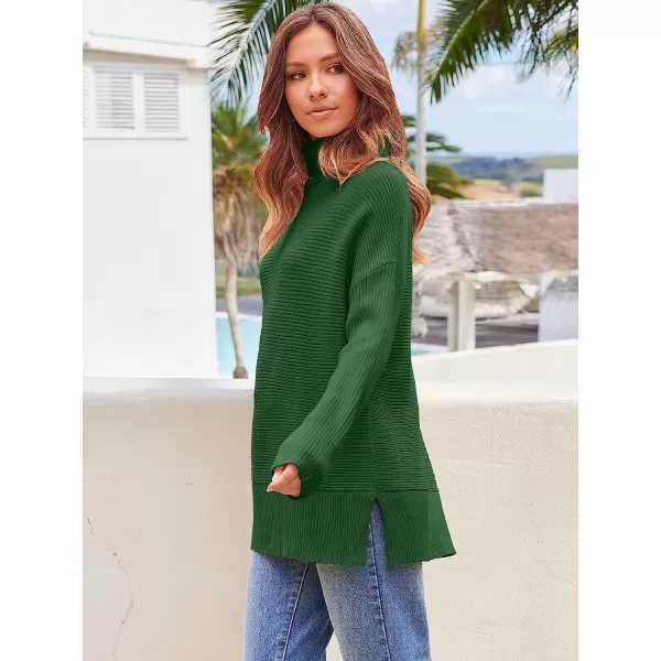 imageANRABESS Womens 2022 Fall Sweaters Turtleneck Long Batwing Sleeve Spilt Hem Pullover Knit Sweater TopsDark Green