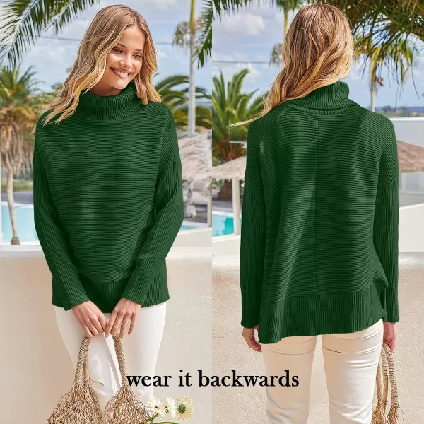 imageANRABESS Womens 2022 Fall Sweaters Turtleneck Long Batwing Sleeve Spilt Hem Pullover Knit Sweater TopsDark Green
