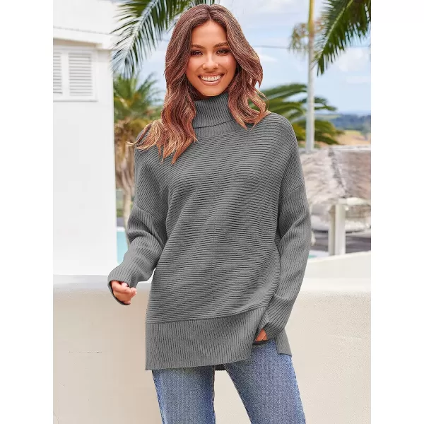 imageANRABESS Womens 2022 Fall Sweaters Turtleneck Long Batwing Sleeve Spilt Hem Pullover Knit Sweater TopsDark Grey