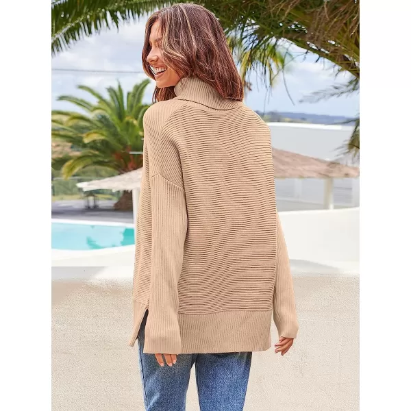 imageANRABESS Womens 2022 Fall Sweaters Turtleneck Long Batwing Sleeve Spilt Hem Pullover Knit Sweater TopsDeep Apricot