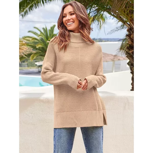 imageANRABESS Womens 2022 Fall Sweaters Turtleneck Long Batwing Sleeve Spilt Hem Pullover Knit Sweater TopsDeep Apricot