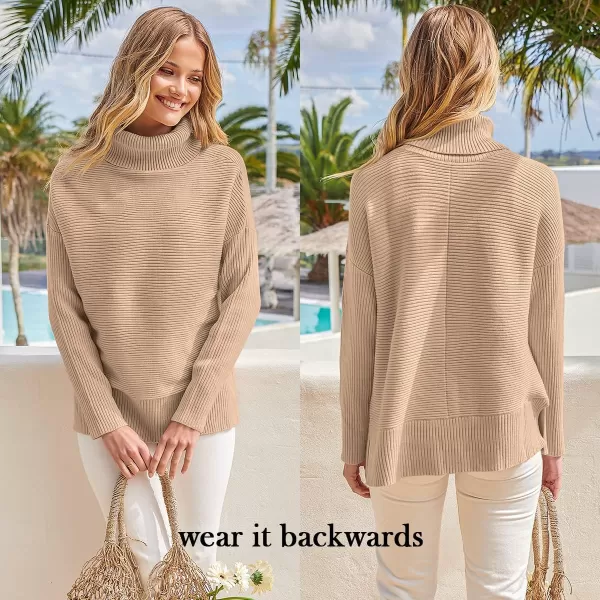 imageANRABESS Womens 2022 Fall Sweaters Turtleneck Long Batwing Sleeve Spilt Hem Pullover Knit Sweater TopsDeep Apricot