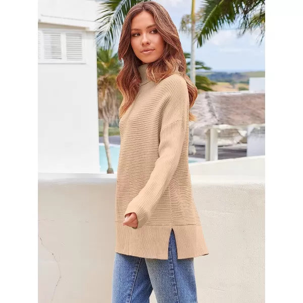 imageANRABESS Womens 2022 Fall Sweaters Turtleneck Long Batwing Sleeve Spilt Hem Pullover Knit Sweater TopsDeep Apricot