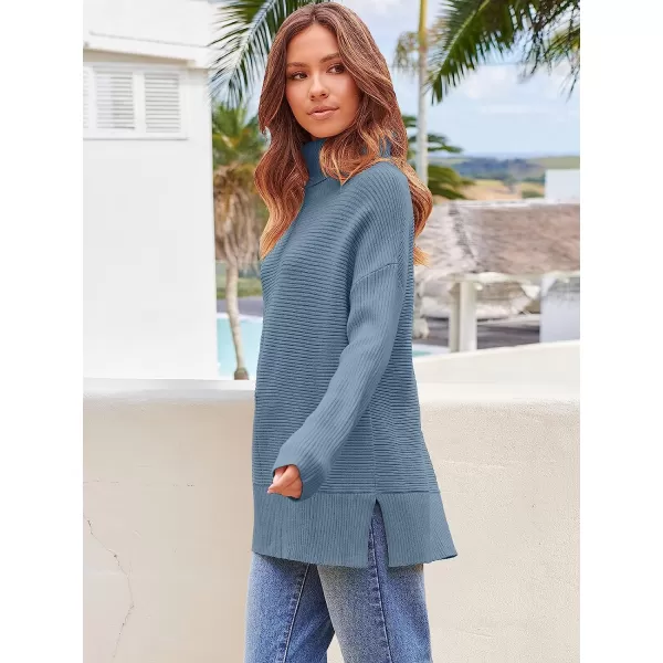 imageANRABESS Womens 2022 Fall Sweaters Turtleneck Long Batwing Sleeve Spilt Hem Pullover Knit Sweater TopsIndigo