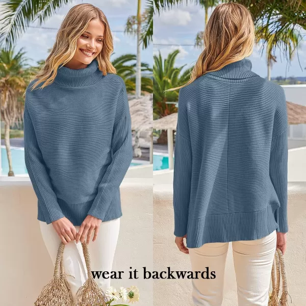 imageANRABESS Womens 2022 Fall Sweaters Turtleneck Long Batwing Sleeve Spilt Hem Pullover Knit Sweater TopsIndigo