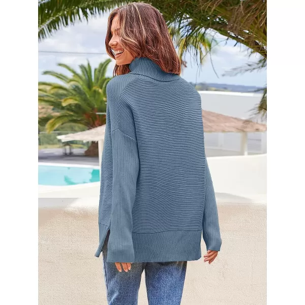 imageANRABESS Womens 2022 Fall Sweaters Turtleneck Long Batwing Sleeve Spilt Hem Pullover Knit Sweater TopsIndigo