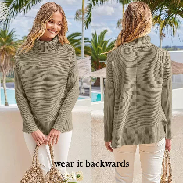 imageANRABESS Womens 2022 Fall Sweaters Turtleneck Long Batwing Sleeve Spilt Hem Pullover Knit Sweater TopsKhaki
